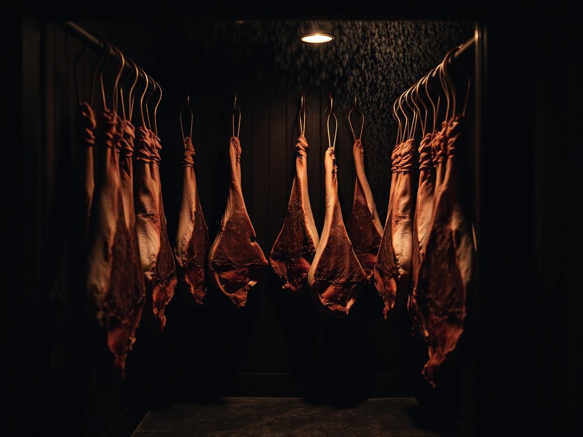 Cave de maturation avec pièces de bœuf suspendues